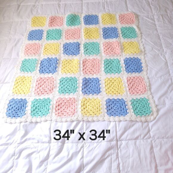 Bundle 2 Handmade Afghan Blanket Crochet Knit Granny Squares 34 x 34 Pastel Pink - Picture 6 of 11